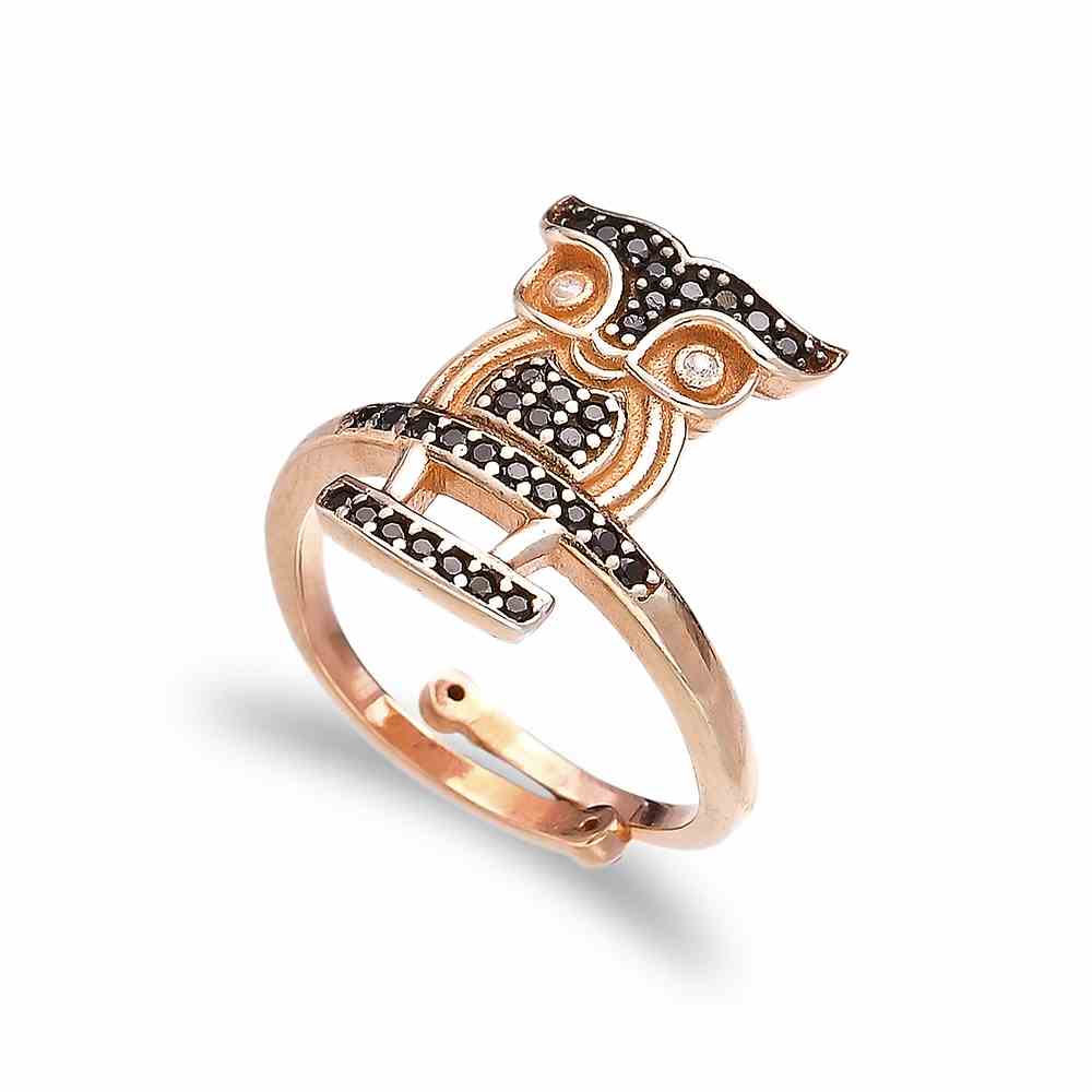 Minimal Owl Shape Design Black Zircon Stone Adjustable Ring Turkish Handmade Wholesale 925 Sterling Silver Jewelry